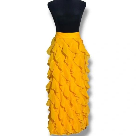 Anthropologie Let Me Be Sasha Elegant Yellow/Gold Ruffled Maxi Skirt with Slit - Picture 3 of 16